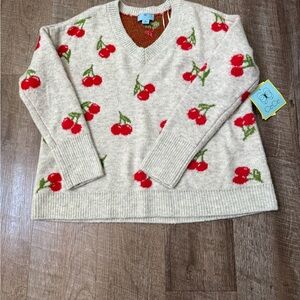 CeCe V-Neck Sweater with Cherry Design - Cream and Red